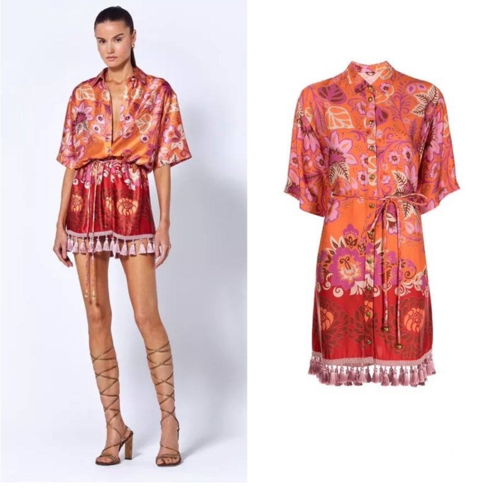 Alexis Orange and Pink Floral Silk Shirt Dress with Tassel Trim